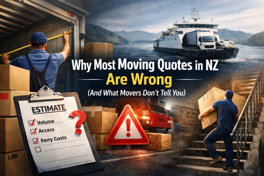 Moving quotes in NZ – professional movers calculating cubic metres and reviewing relocation paperwork during a house move assessment.â€
