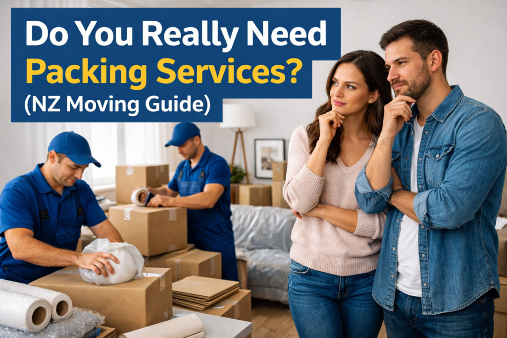 Professional packing services NZ team carefully packing household items in a modern home while a couple observes, illustrating the difference between DIY packing and hiring expert movers in New Zealand, showcasing safe packaging of fragile items, moving boxes, and efficient relocation process for local and long distance moving NZ