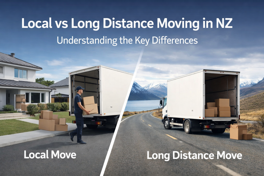 Comparison image showing a local house move and a long distance moving in New Zealand with professional movers loading boxes into a moving truck near a home on one side and a moving truck travelling on a scenic highway on the other, illustrating the difference between local vs long distance moving in NZ, including logistics, transport distance, and professional moving services for household relocations across cities and regions.