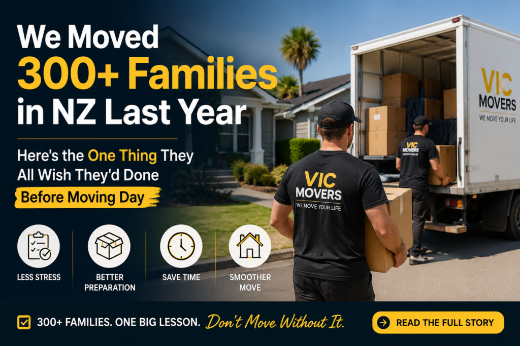 Professional moving team loading a moving truck outside a New Zealand family home for a blog titled “We Moved 300+ Families in NZ Last Year | Here’s the One Thing They All Wish They’d Done Before Moving Day.†The image highlights expert NZ movers, stress-free house moving, moving preparation tips, packing advice, and family relocation services in Auckland, Tauranga, Hamilton, and across New Zealand. Ideal visual for blogs about moving day preparation, house moving checklist NZ, professional movers NZ, and large family relocations.